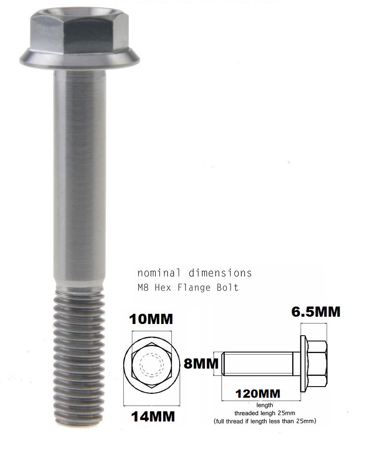 M8X120MM 1.25 THREAD PITCH TITANIUM FLANGE 10MM HEX BOLT GRADE 5